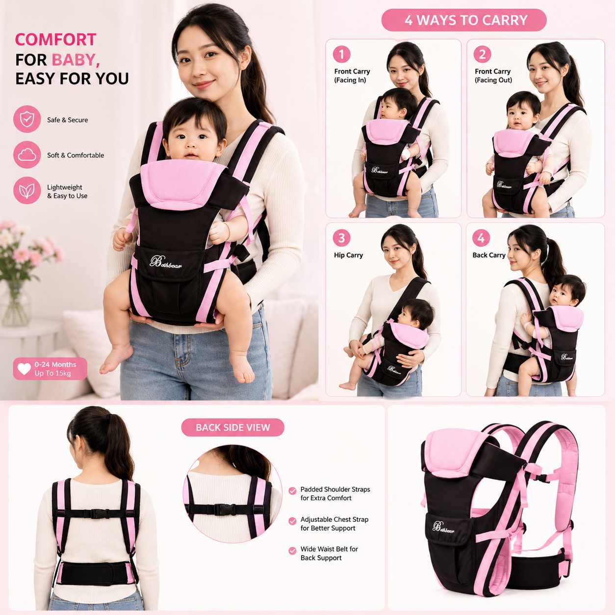 Beth Bear Baby carrier bag 4 in 1,(2-15 kg Capacity) (pink color)